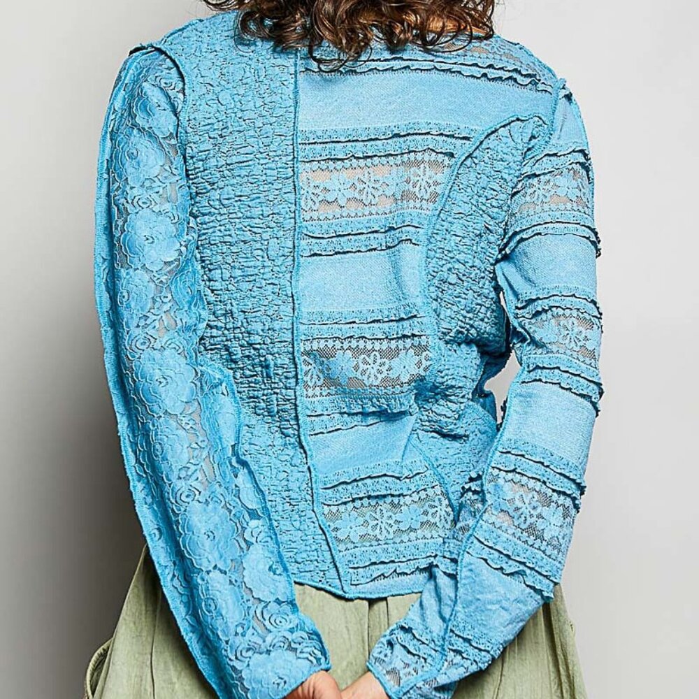 NWT POL Round Neck Long Sleeve Exposed Seam Top with Lace Detail - Picture 2 of 4